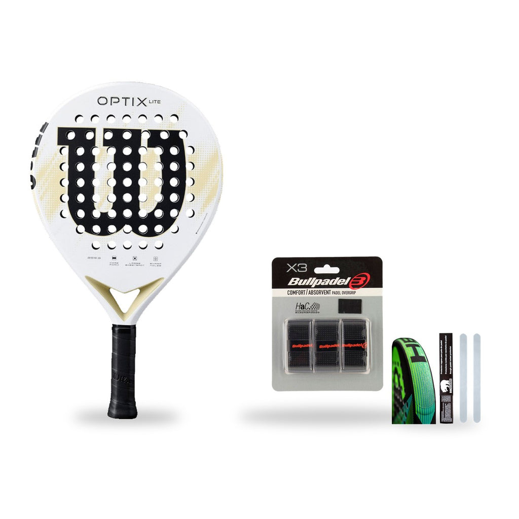 Pack Débutant Wilson Optix V2 Lite White : raquette + 3 grips + protège-cadre